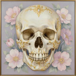a painting of a human skull with delicate ornate golden filigree, surrounded by pastel flowers