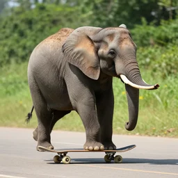 an elephant rides a skateboard