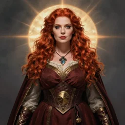 symmetrical D&D character portrait of a stocky redheaded woman cleric