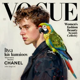 vogue women's fashion beauty celebrity magazine, parrot on shoulder, parrot on shoulder, parrot on shoulder, chanel makeup, ilya kuvshinov, john singer sargent, digital art illustration, impressionist oil painting, trending on artstation, intricate