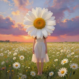 head made of giant daisies, girl standing barefoot in a vast flower field, arms down, surreal photography, sunrise dramatic light, impressionist painting, colorful clouds, large sky, digital painting, artstation, simon stalenhag, flower face