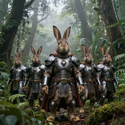 photograph by discovery channel!!!! full shot!!! rabbit superhero armored rugged troop, fog, in deep forest jungle, overcast!!!