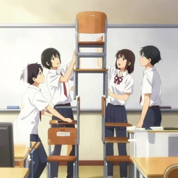 anime school students building tower out of chairs and painting on whiteboard