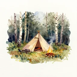 small centered on white watercolor paper, paint brush strokes, abstract watercolor painting of scandinavian hunter tent camp, smoking log fire, birch tree forest, midday sharp light, cinematic light, american romanticism by hans dahl, by jesper ejsing, by anders zorn, by greg rutkowski, by greg manchess, by tyler edlin
