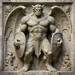 a detailed full body portrait gargoyle hulk in stone, knight, relief statue, holding shield, symmetry, symmetrical, by greg rutkowski and justin gerard, digital art, monstrous, art nouveau, baroque style, realistic painting, very detailed, fantasy, dnd, character design, trending on artstation