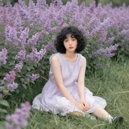 portrait of cute girl with short curly black hair sitting in a field of lilac flowers, Monet painting of a modern girl, the grass is desaturated