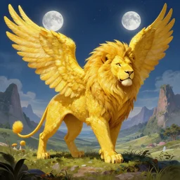 Yellow feathered Lion with wings on a beautiful fantasy landscape, hills, mountains, moonlit, HD, illustration, epic, D&D, fantasy, intricate, elegant, highly detailed, digital painting, artstation, concept art, smooth, sharp focus, illustration, art by artgerm and greg rutkowski and alphonse mucha