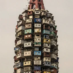 close - up view of a large tower made up of suspended makeshift squatter shacks, faded colours, neutral sky, dystopia, soft light, hasselblad x 1 d, very detailed, ultra sharp, photographed by ansel adams