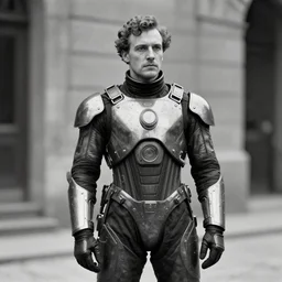 a time traveler dressed in a futuristic experimental suit. in a black and white historical picture from 1 9 2 0,
