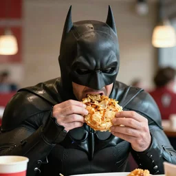 A photo of Ben Affleck's Batman eating at KFC. Extremely detailed. Beautiful. 4K. Award-winning