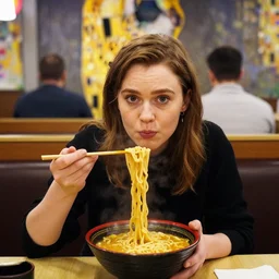a portrait of female Asa Butterfield mixed with Pam beesly eating ramen in a restaurant by gustav klimt