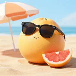 a whole Grapefruit wearing sunglasses and relaxing on the beach, A sun umbrella is beside it