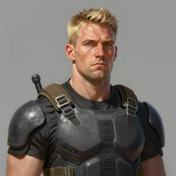 Portrait of a man by Greg Rutkowski, he is about 50 years old, short blond hair, athletic and strong, straight jaw, wearing a futuristic tactical gear, expression of determination with weariness and resignation, older brother vibes, highly detailed portrait, digital painting, artstation, concept art, smooth, sharp foccus ilustration, Artstation HQ.