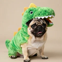 a pug wearing a dinosaur costume, photo