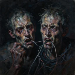 oil painting of poxed & filthy tamiscolaris heads chewed wires, black light art painting, cinematic, in style of geof darrow