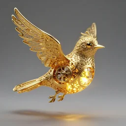 hollow gold filigree songbird golem, with a bright gem inside it. visible clockwork, bright internal light, flying, detailed 8 k, kaladesh, fantasy, award - winning photography trending on artstation, cgsociety, deviantart