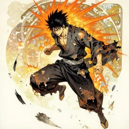a mad guy with spike black hair, orange spike aura in motion, damaged japanese clothes, floating pieces, painted by art by tsuyoshi nagano, greg rutkowski, artgerm, alphonse mucha