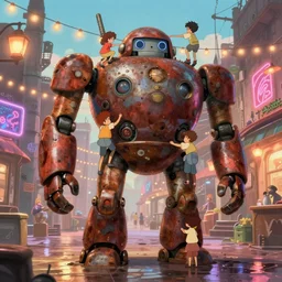 memorable animation key shot, anime movie screenshot, kids climbing up the giant bulbous rusty robot schwerer gustav!!!!, festoon lights, neon, dim lanterns, grafitti, wet reflections, ghibli, themepark, by mandy jurgens, by satoshi kon, ilya repin, lena aenami, daylight pastel color palette