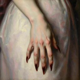 a renaissance oil painting by Alma Tadema of Demonic palm hand with long vampire nails, dark red nail polish, colourful pastel trending artstation, detailed portrait academic Bouguereau caravaggio high shadow contrast, sharp focus medium shot