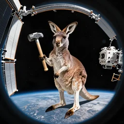 kangaroo with a hammer in the international space station, fish - eye, 8 k