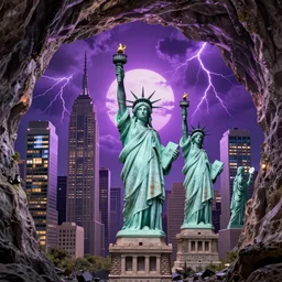 of a cave with a miniature futuristic photo - realistic new york city with mirror windows : 4, the statue of liberty : 5, highly symmetrical, balanced, purple lightning clouds : 4, octane render, violet sun : 4, in the style of sahm : 3, hd, ultra - realistic