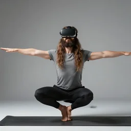 longhaired bearded man practicing vrksasana, professional studio photograph, high quality