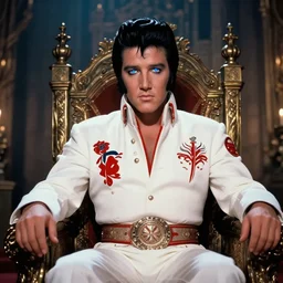 elvis presley as the king of the world, sitting on his throne in his castle, atmospheric lighting, blue reflective eyes, nice composition, hyper real, photorealistic, octane render, trending on artstation, award winner