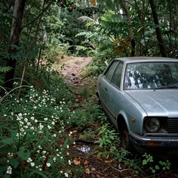 abandoned car on the right side of the image, overgrown in a thick forest, waterlogged ground with flowers, and a small trail towards dry ground