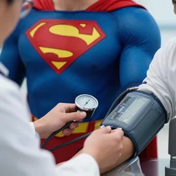 a closeup photorealistic photograph of superman style doctor measuring a patient's blood pressure. bright scene. fine detail. this 4 k hd image is trending on artstation, featured on behance, well - rendered, extra crisp, features intricate detail, epic composition and the style of unreal engine.