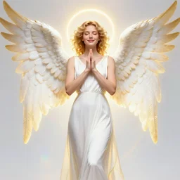 fullbody portrait of a beautiful young fit woman angel with curly blond hairs, soft smile, closed eyes, blessing palms, dressed in long fluent skirt, majestic symmetrical eagle wings, luminous halo, by greg rutkowski and alphonse mucha, gradient white to gold, in front of an iridescent background, highly detailed portrait, digital painting, smooth, glowing outline, focus illustration