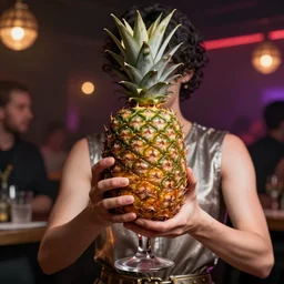 a pineapple human holding a large glass of port, nightclub, elegant, real life skin, intricate, high detailed, artstation, concept art, smooth, sharp focus, art by artgerm and greg rutkowski