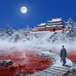 a gorgeous landscape painting by barlowe wayne maxfield parrish and marco mazzoni. drak blue night sky. just one winter moon!! snow. chinese temple. just one lonely chinese monk in grey blue long gown walks on the winding steps. ultra clear detailed. 3 d, octane render. turbulent blood lake. fog