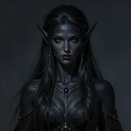 portrait of a feminine male dark elf, obsidian skin, long hair, fantasy, feminine, elegant, intricate, highly detailed, digital painting, artstation, concept art, sharp focus, illustration