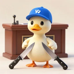 a duck with a blue hat robbing a bank with 2 knives, photorealistic
