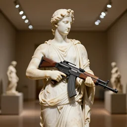 a greek marble statue holding an assault rifle, museum background, studio lighting, bokeh, 4K