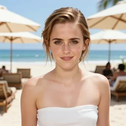 emma watson visiting beach club in bali. iconic beach club in bali. front view. instagram holiday photo shoot, perfect faces
