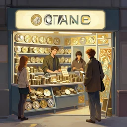 modern coin shop with a lot of coins, 4 k, octane, digital painting, artstation, concept art, sharp focus, illustration, art by artgerm and greg rutkowski and alphonse mucha