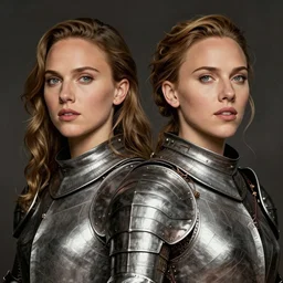 very sharp engraving full figure portrait of natalie portman and scarlet johansson, in medieval armoury, painted by alphonse mucha, albrecht durer, jean delville, alphonse mucha, jan van eyck, da vinci