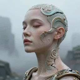 hyperrealistic cinestill 5 0 d photography of a dystopian stunning face and neck pose, dystopian cracked landscape, intricate ornamental, rainy and mist, masterpiece, elegant, highly detailed, soft blur, artstation, sharp focus, head in focus, dreamy tonal matt colors