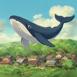 a whale flying over a village, studio ghibli style
