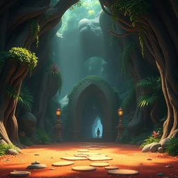 a wholesome animation key shot of a lovely ancient entrances to the under world in an exotic forrest by studio ghibli, animation, sharp, rendered in unreal engine 5, focused, anime key art by greg hildebrant, bloom, dramatic lighting