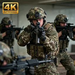 Portrait of a modern German Bundeswehr squad in full gear wearing Flecktarn shooting at enemy forces from behind cover, cinematic lighting, front lighting, 4k, award-winning, by Greg Rutkowski, combat, intense,