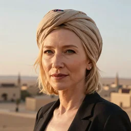 hyperrealistic portrait of cate blanchett , wearing a turban, lit by dawn light, desert city on background, trending on artstation