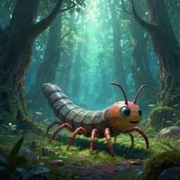centipede monster - trees in futuristic spiritual mystical post apocalyptic forest by ron gilbert, dim painterly volumetric aquatic lighting, beautiful, crisp, artstation, highly detailed