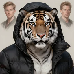 a beautfiul award winning aesthetic commission of an antrho albino tiger wearing a black padded hooded puffer jacket,digital art,art by greg rutkowski,character design by charles bowater,ross tran,photorealistic,detailed face,hyperdetailed,western comic,2021,artstation,deviantart