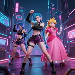 a girl like (jinx, Princess peach), dancing, background cyberpunk city, kpop, fullshot, photo, volumetric lighting, epic composition, intricate details, dark neon punk, by KDA