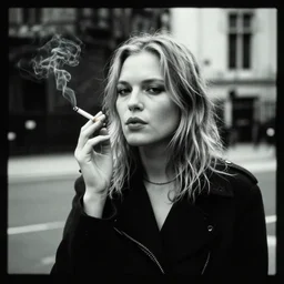 photograph of a young kate moss smoking a cigarette, in the style of karen knorr, daido moriyama, london, camera obscura