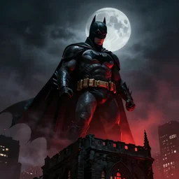 lone batman the dark knight portrait insanely defined intricate low angle grim powerful mist dark environment city background on top of a gotham building moon dark clouds red highlights batlight volumetric light midjourney art artstation defined strokes concept art
