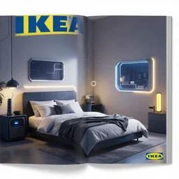 IKEA catalogue photo of a cyberpunk bedroom, by Paul Lehr