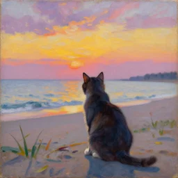 ”A painting by Gaugin of a cat sitting on a beach and looking at a beautiful sunset”